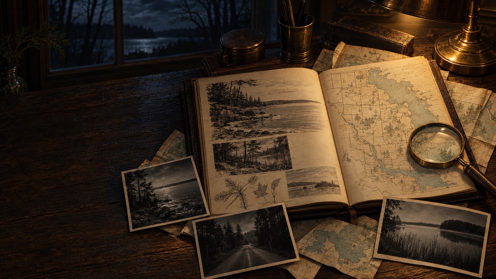 Illustration of field photographs and maps spread across a research notebook