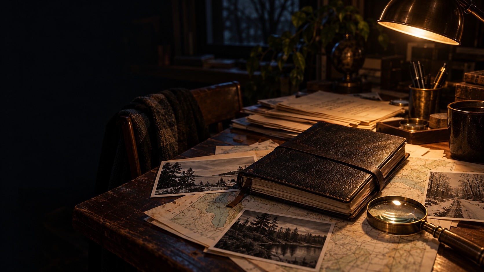 Illustration of a leather notebook, maps, and photographs at a lamp-lit desk